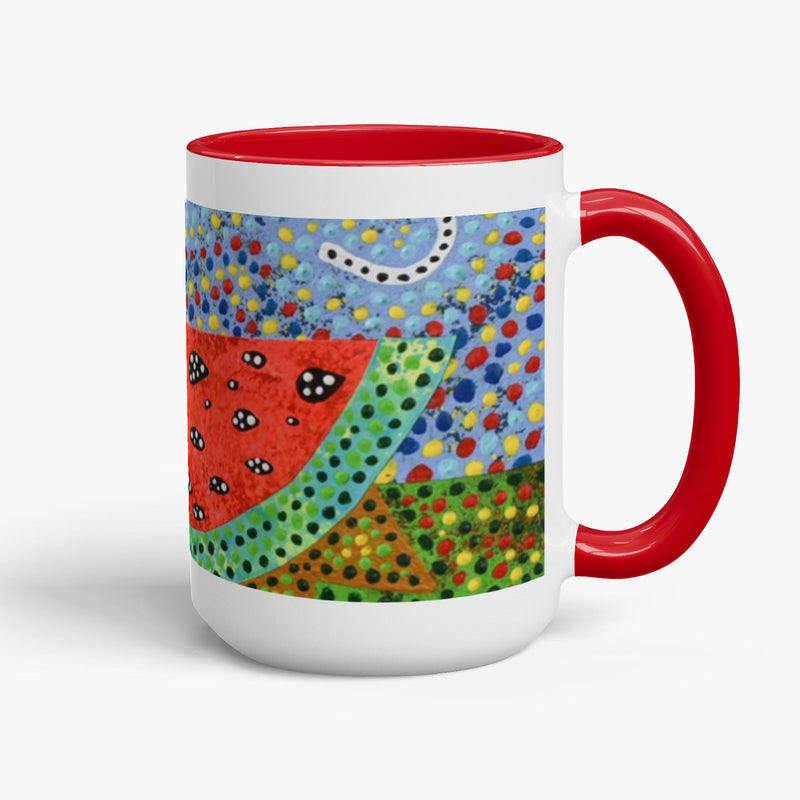 coffee mug with red accents and a watermelon slice with a blue sky behind it.