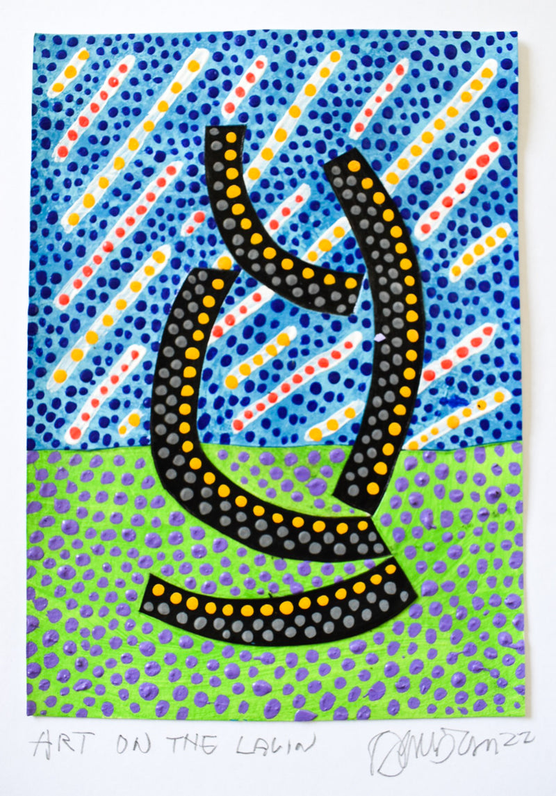 pop art style painting of a modern black sculpture on a bring green lawn.