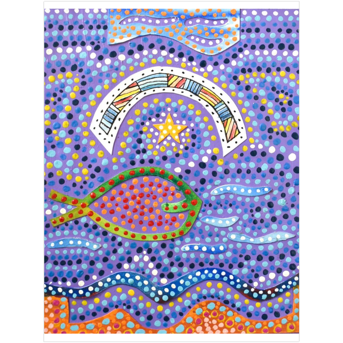 dotted print design with a pink fish in a lavender sea. There is a dotted star above the fish.