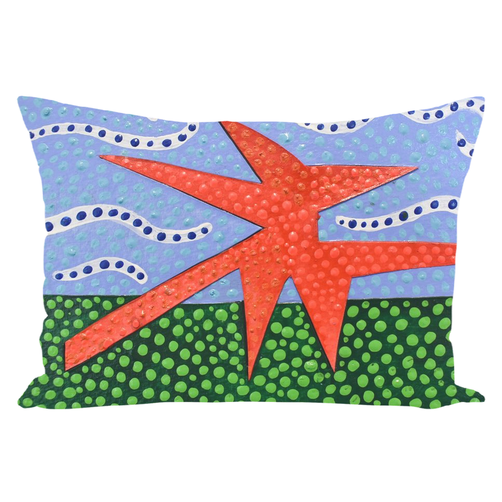 modern lawn art minimalist design inspired by alexander calder on a rectangular pillow in red, blue, and green.