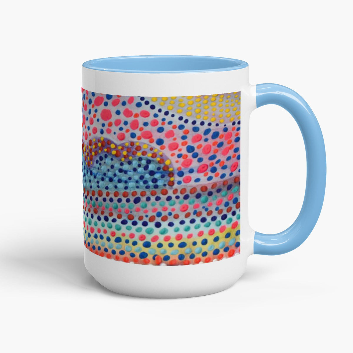 coffee mug, accent mug, coffee mug with pink, blue, and yellow dots