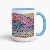 coffee mug, accent mug, coffee mug with pink, blue, and yellow dots