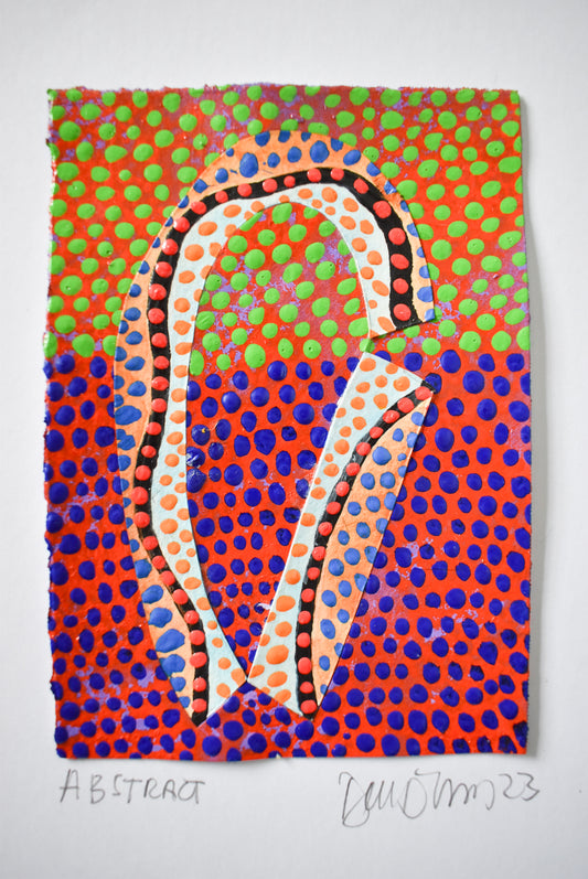 abstract arche shape in white and orange with blue and green dots on a fiery orange background.