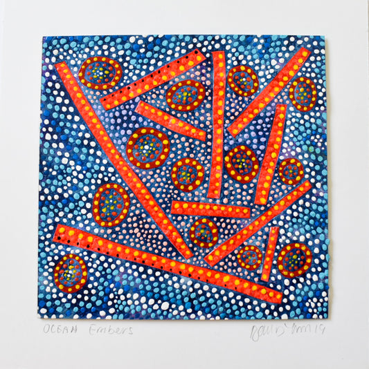 An abstract painting with bright orange bars floating in a sea of cool blue.