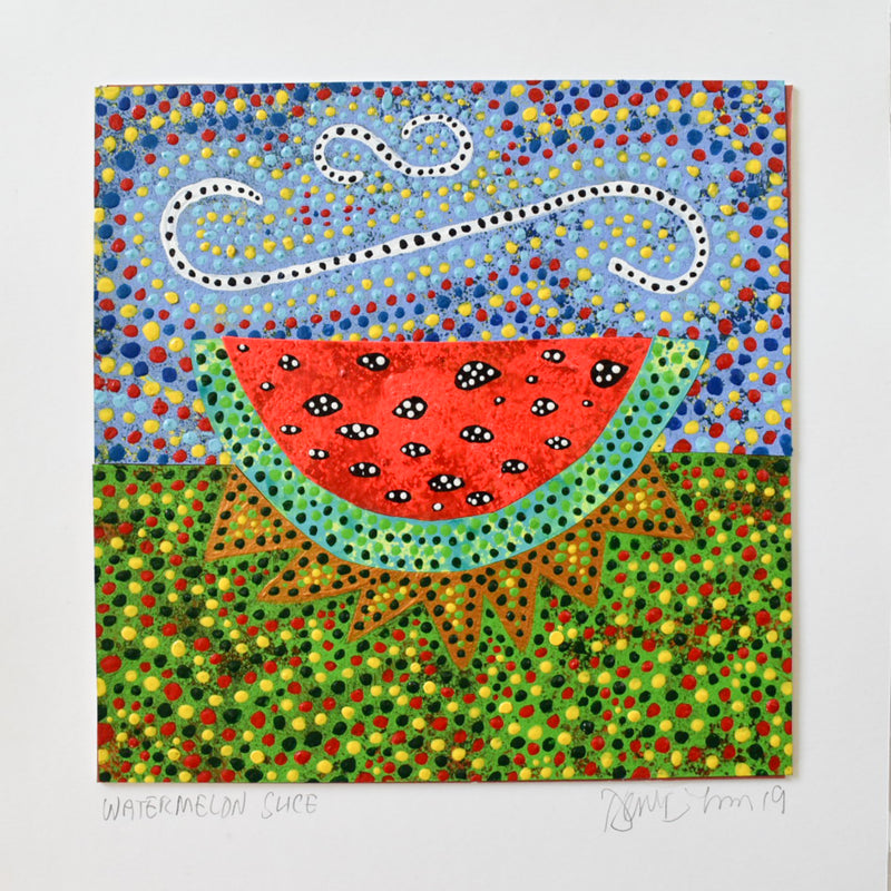 contemporary still life painting of a watermelon slice sitting on a green lawn with a blue sky.