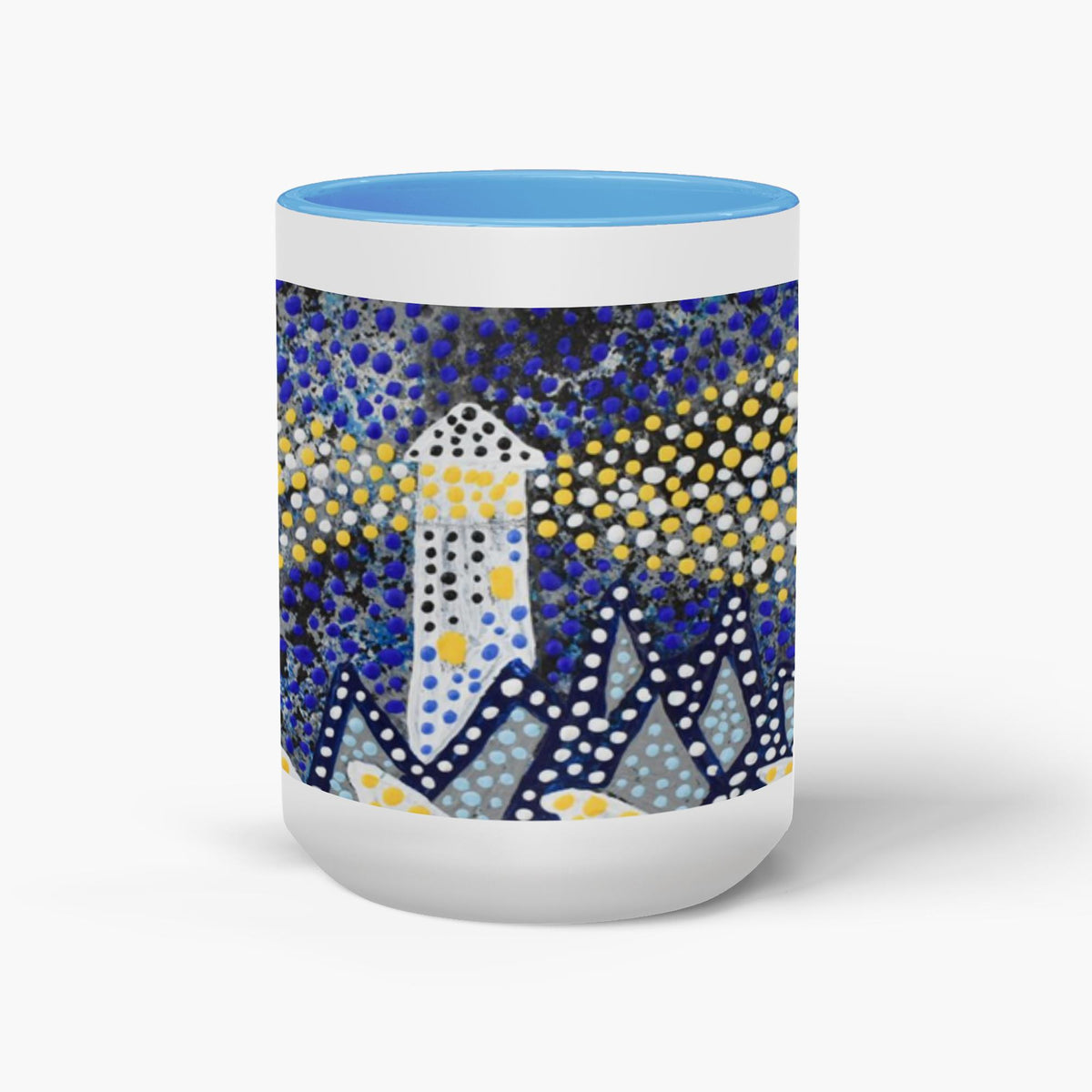 coffee mug with lighthouse at night.