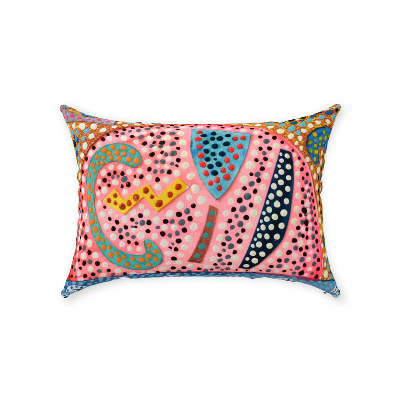 abstract pink pillow design with gold and blue highlights.