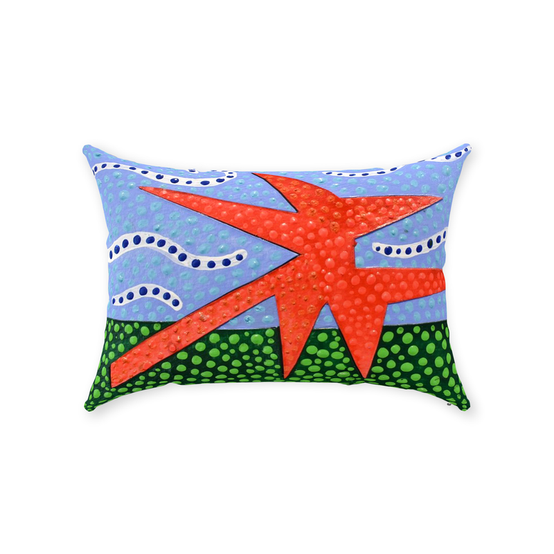 modern lawn art minimalist design inspired by alexander calder on a rectangular pillow in red, blue, and green.