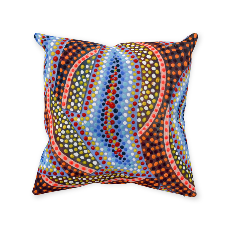 1970's style retro accent pillow design with orange, red, and blue.