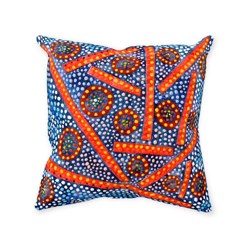 bright orange bars are floating in a sea of blue on this accent pillow.